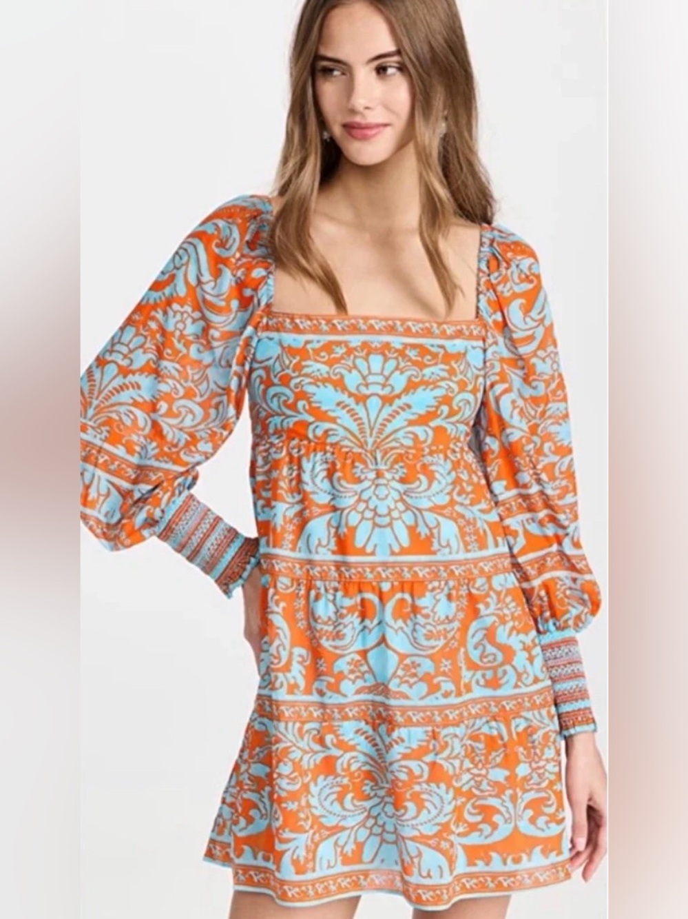 Alice + Olivia Boho Square-Neck Mini Dress in Orange & Light Blue